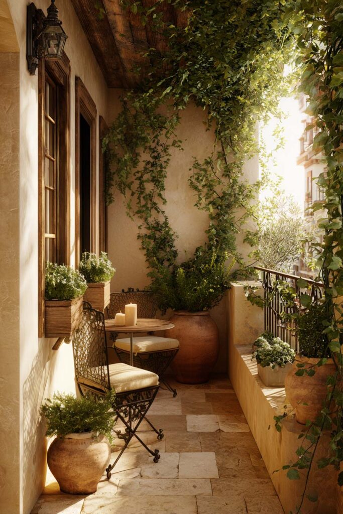 Mediterranean balcony with climbing vines, terracotta pots, candlelit bistro table, wrought iron chairs, and lush greenery creating a private outdoor retreat.