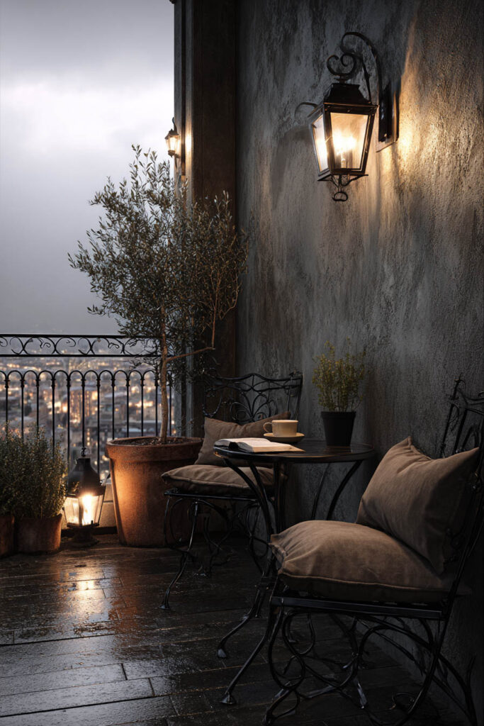Moody balcony café with wrought iron bistro set, lantern lighting, potted olive tree, rainy floor, and cozy outdoor seating.