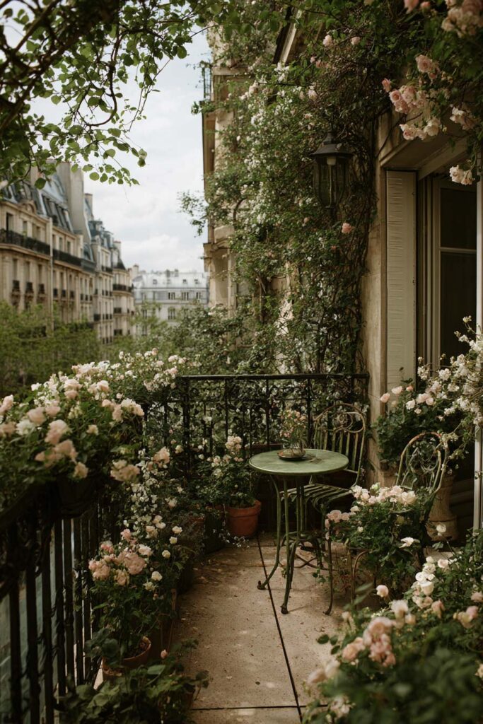 Paris balcony covered in climbing roses and overflowing flower boxes with vintage café furniture, lush greenery, and a hidden garden atmosphere overlooking historic city buildings.