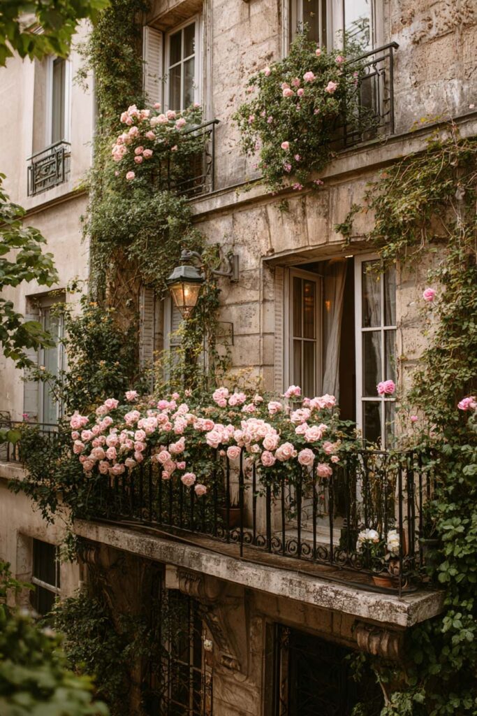 Parisian balcony with overflowing pink rose flower boxes, climbing vines, wrought iron railing, and historic French apartment facade.