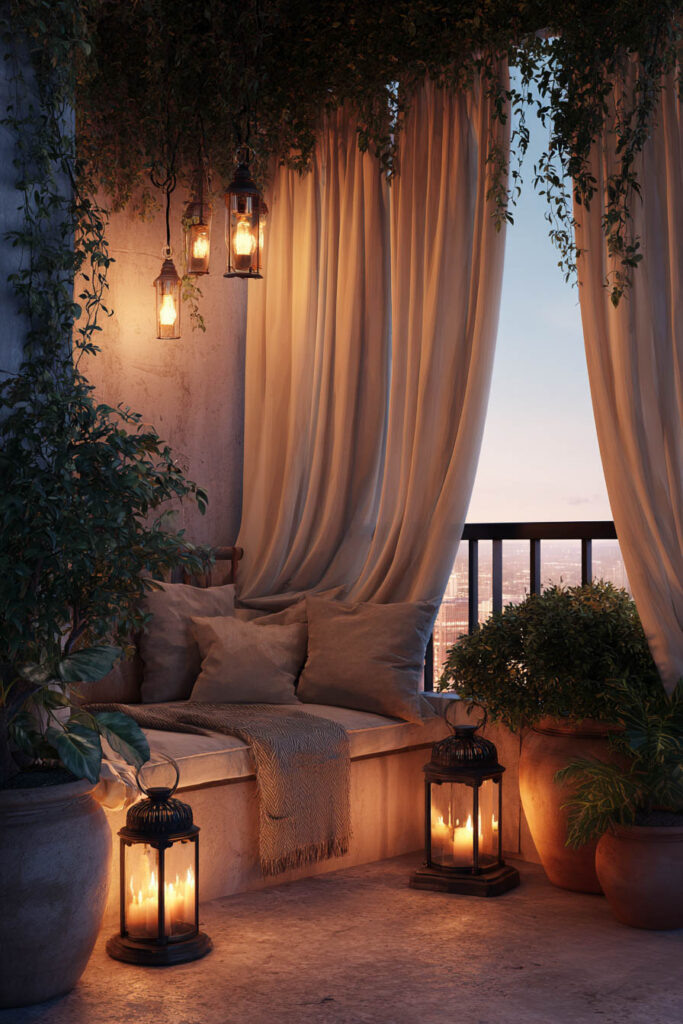 Private romantic balcony with flowing curtains, lantern lighting, cozy built-in seating, and lush plants creating an intimate outdoor retreat