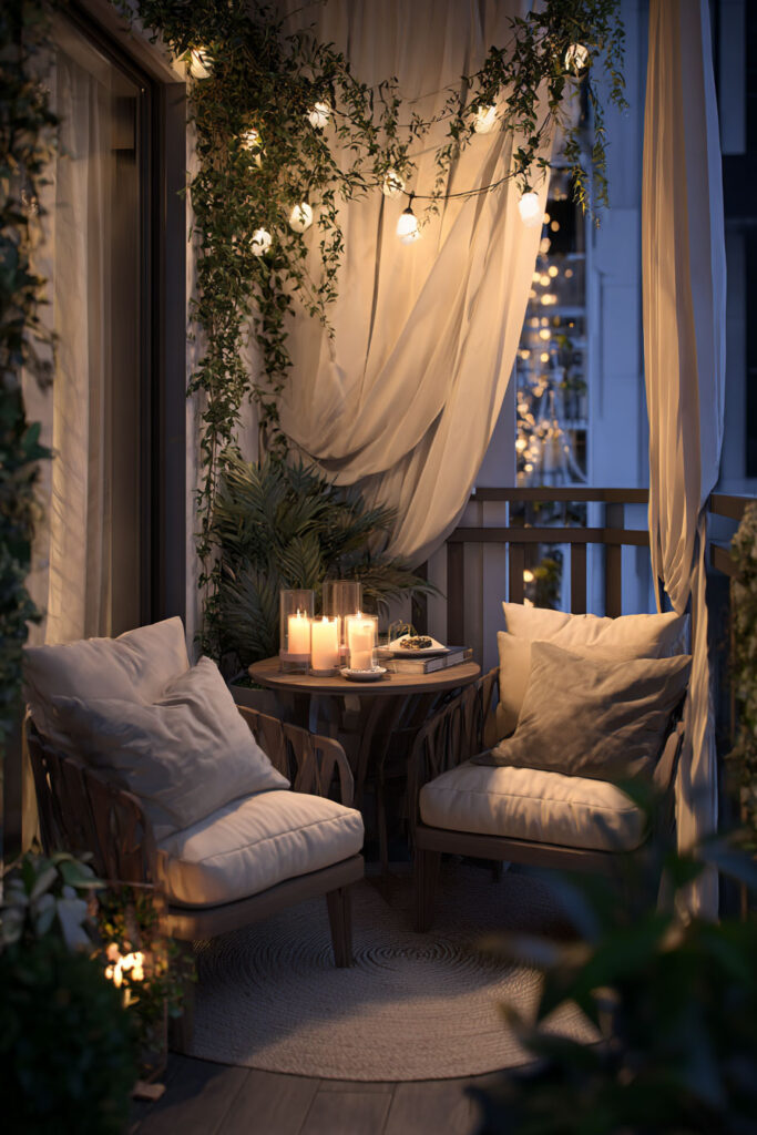 Romantic balcony with cozy chairs, sheer curtains, candlelight, string lights, and plants creating a private evening retreat for two.