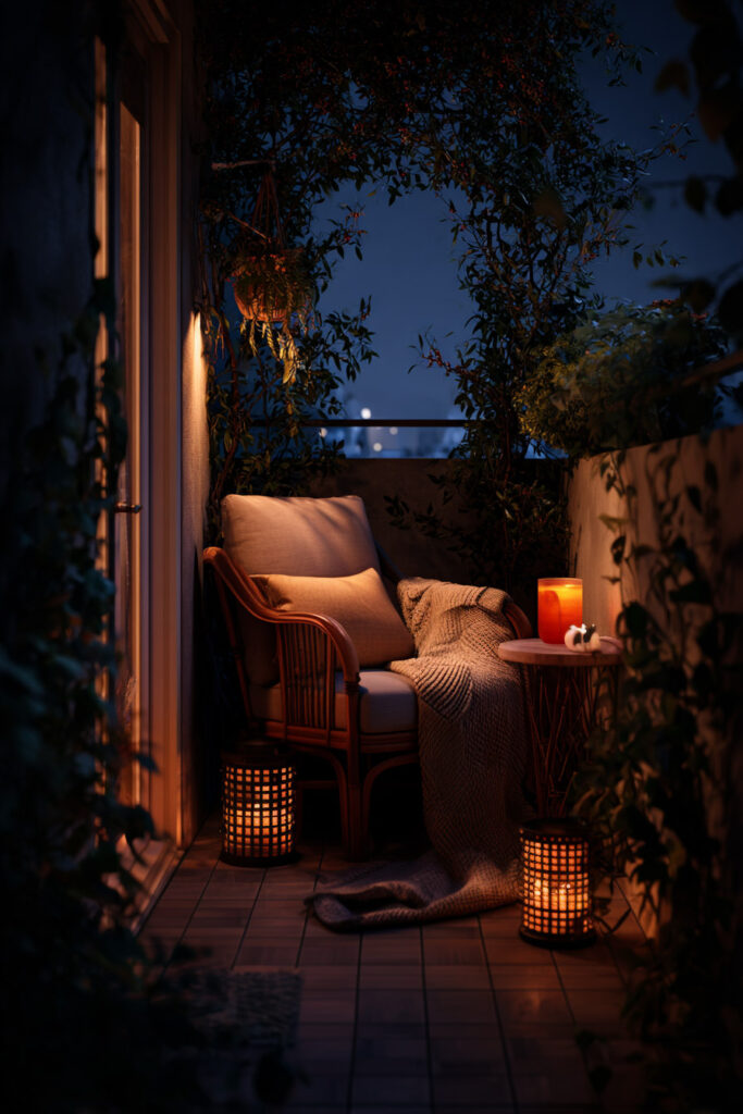 Romantic balcony reading nook with lantern lighting, cozy armchair, knit throw blanket, climbing plants, and warm candlelight at night.