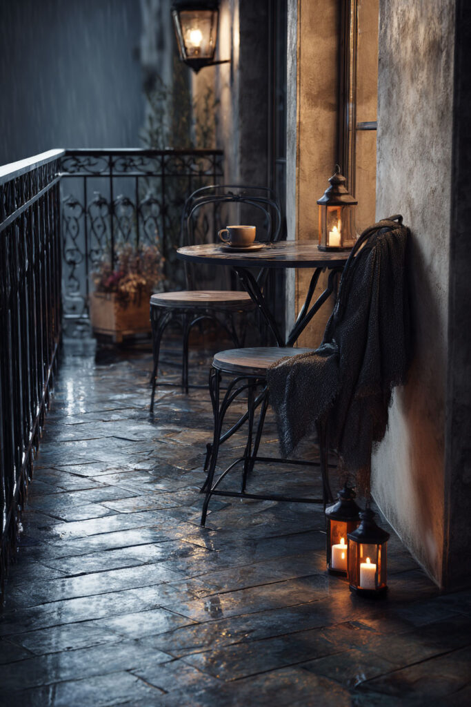 Romantic rainy balcony with lantern candlelight, café table, wet stone flooring, and cozy moody evening atmosphere