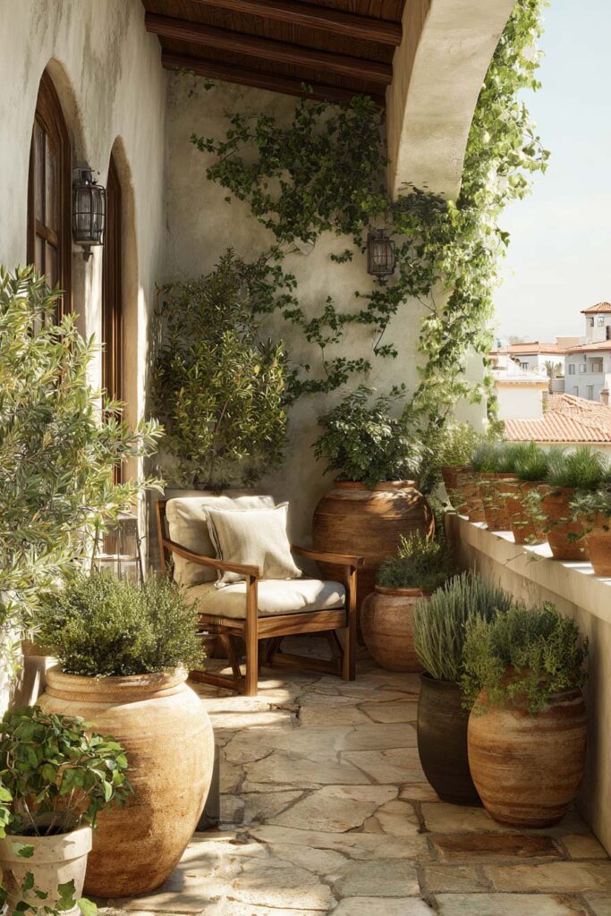 Small Mediterranean balcony with layered terracotta pots, climbing vines, olive trees, stone flooring, rustic wood chair, and Mediterranean container garden styling.