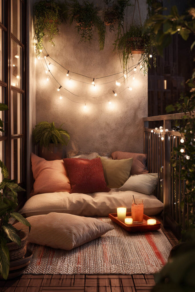 Cozy balcony floor seating with string lights, candles, hanging plants, cushions, and warm nighttime ambiance.