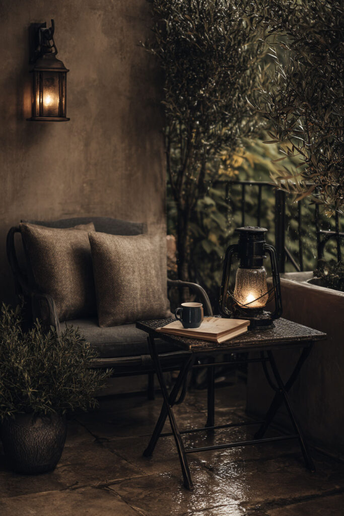 Dark cozy apartment balcony with lantern lighting, comfortable chair, rainy atmosphere, wet flooring, and intimate outdoor seating.