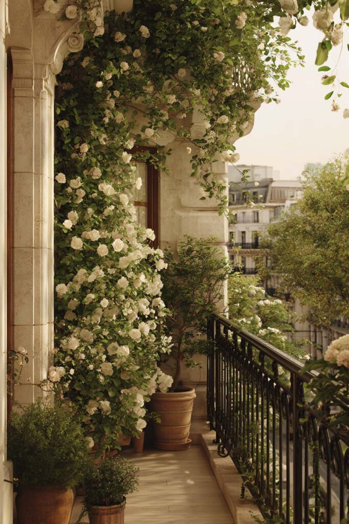 French balcony covered in climbing white roses with wrought iron railing, terracotta planters, and romantic Parisian architecture