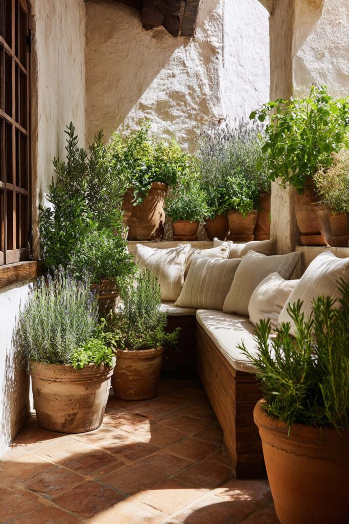 Mediterranean balcony with lavender, rosemary, basil, terracotta pots, built-in seating, and layered herb garden creating a resort-like outdoor retreat.