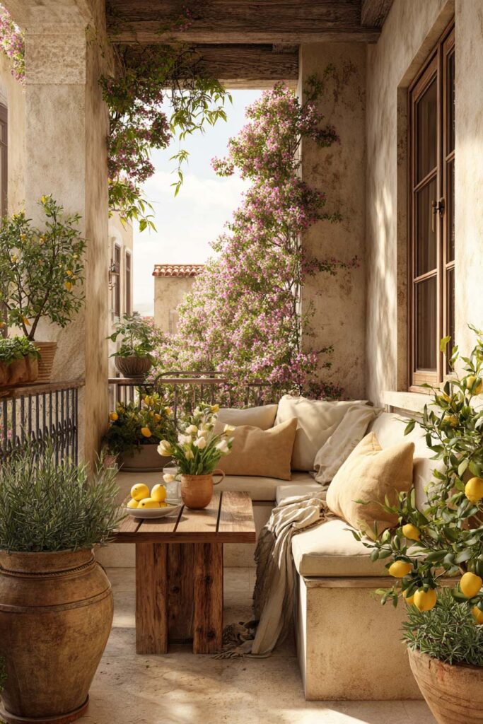 Mediterranean balcony with potted lemon trees, lavender, flowering vines, and cozy outdoor seating creating a resort-inspired outdoor living space.