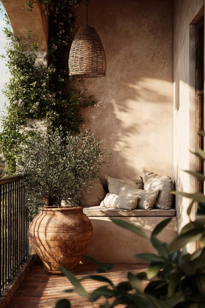 Mediterranean balcony with large terracotta planter, olive tree, woven pendant light, linen bench cushions, climbing vines, and warm stucco walls.