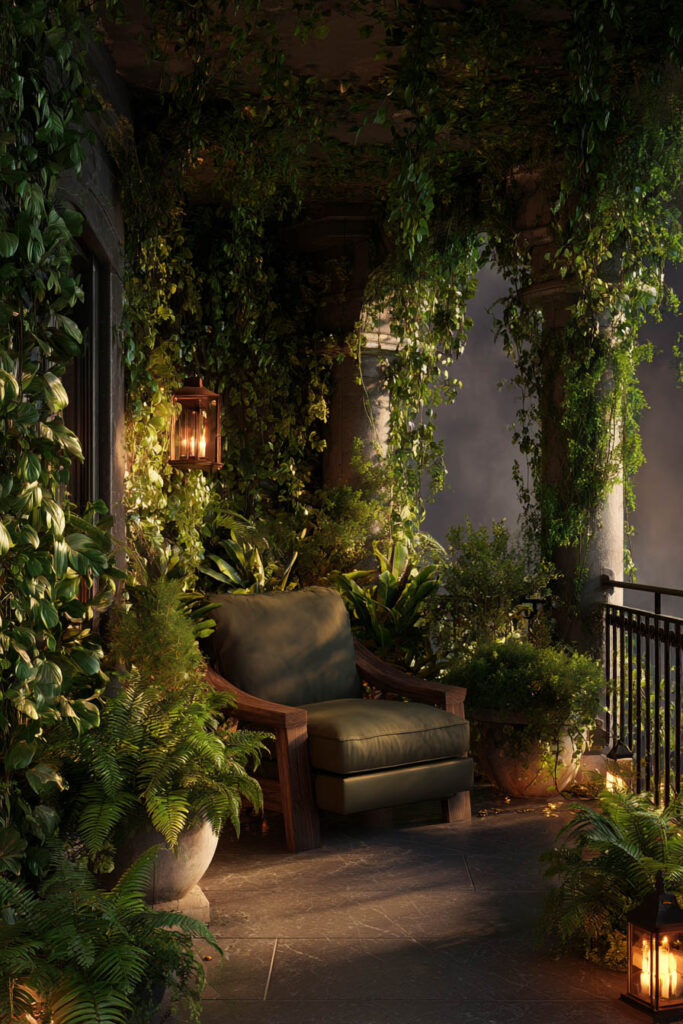 Moody balcony retreat with lush hanging vines, lantern lighting, tropical greenery, comfortable lounge chair, and hidden garden atmosphere.