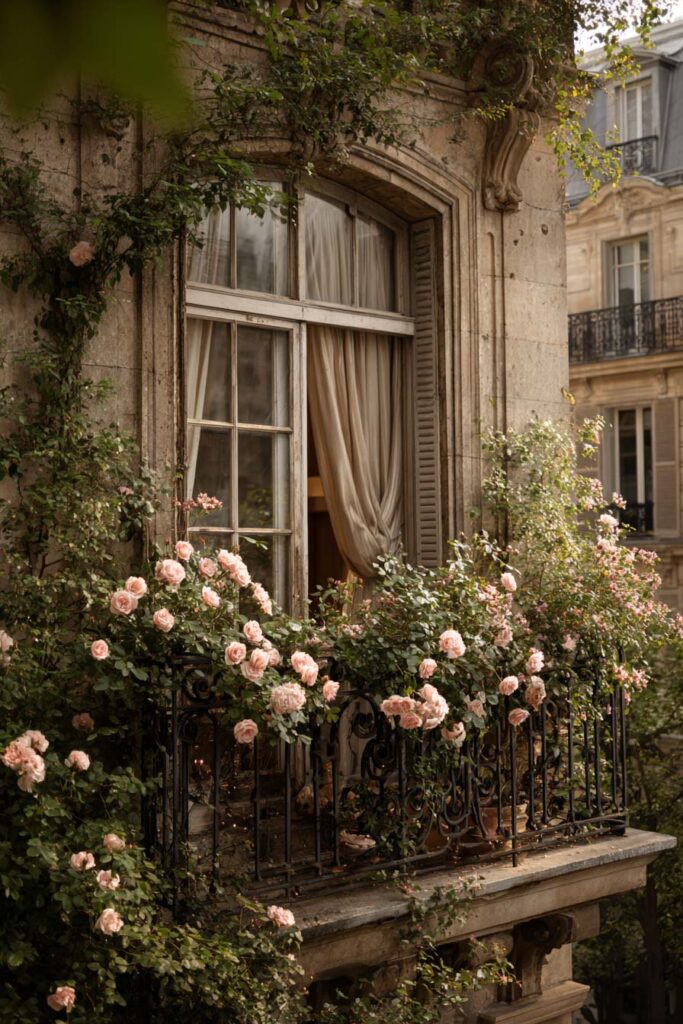 Parisian balcony with overflowing blush rose flower boxes, climbing vines, ornate wrought iron railing, historic stone architecture, and soft curtains creating a hidden garden atmosphere.