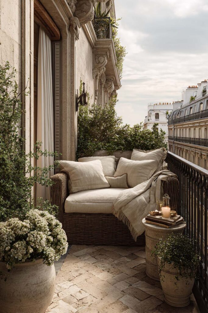 Parisian balcony with woven loveseat, layered linen pillows, neutral textiles, stone planters, and cozy outdoor seating.