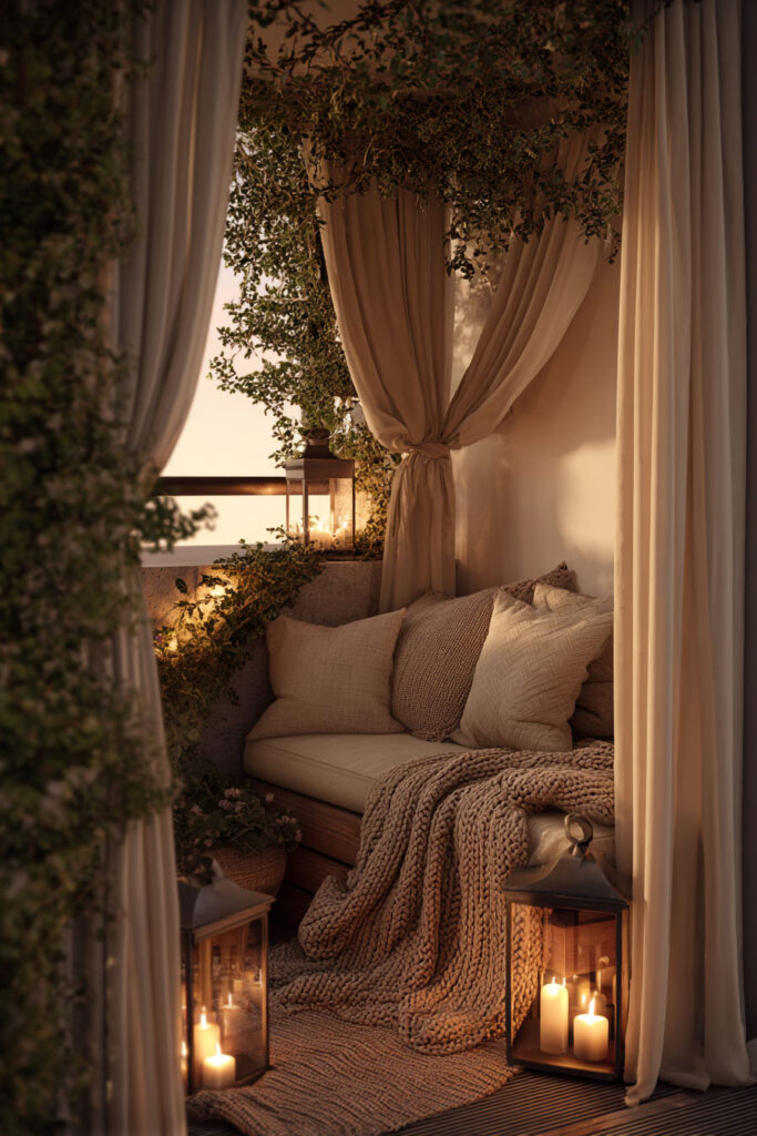 Romantic balcony with flowing curtains, candle lanterns, cozy cushions, knit throw, and greenery creating a private outdoor retreat.