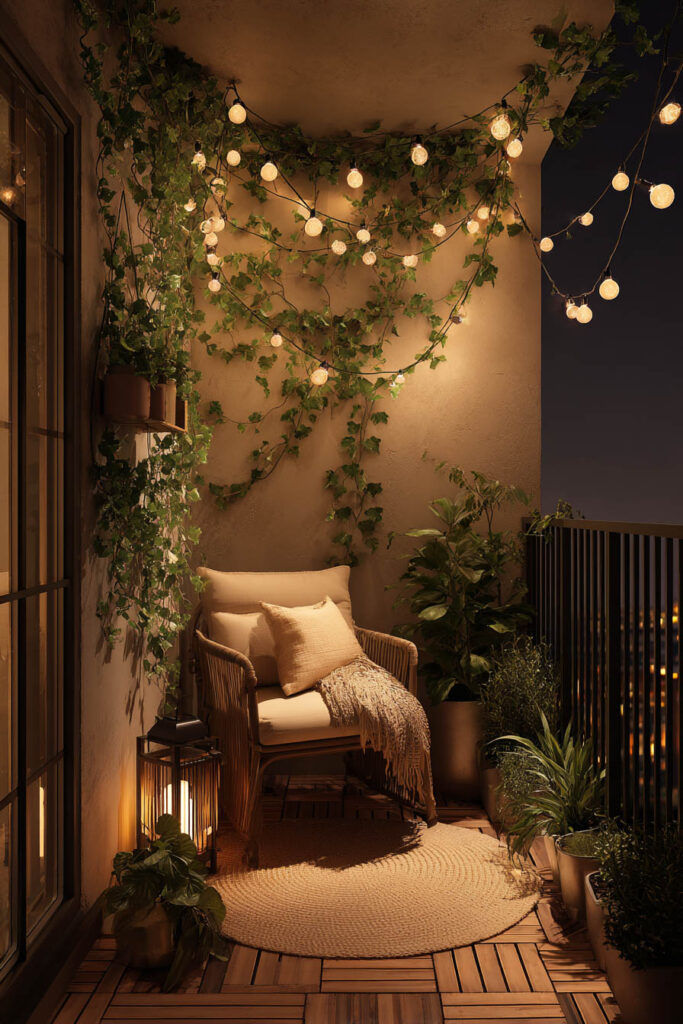 Romantic balcony with cozy wicker chair, warm string lights, lantern lighting, climbing vines, and potted plants creating a cozy nighttime retreat.