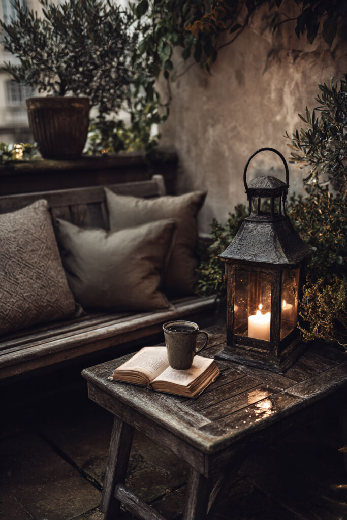 Romantic moody balcony with candle lantern, rustic wood furniture, cozy cushions, open book, and rainy evening ambiance