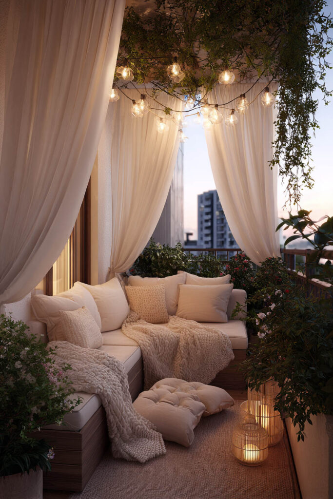 Romantic private balcony with white curtains, string lights, cozy sectional seating, candle lanterns, and lush flowering plants