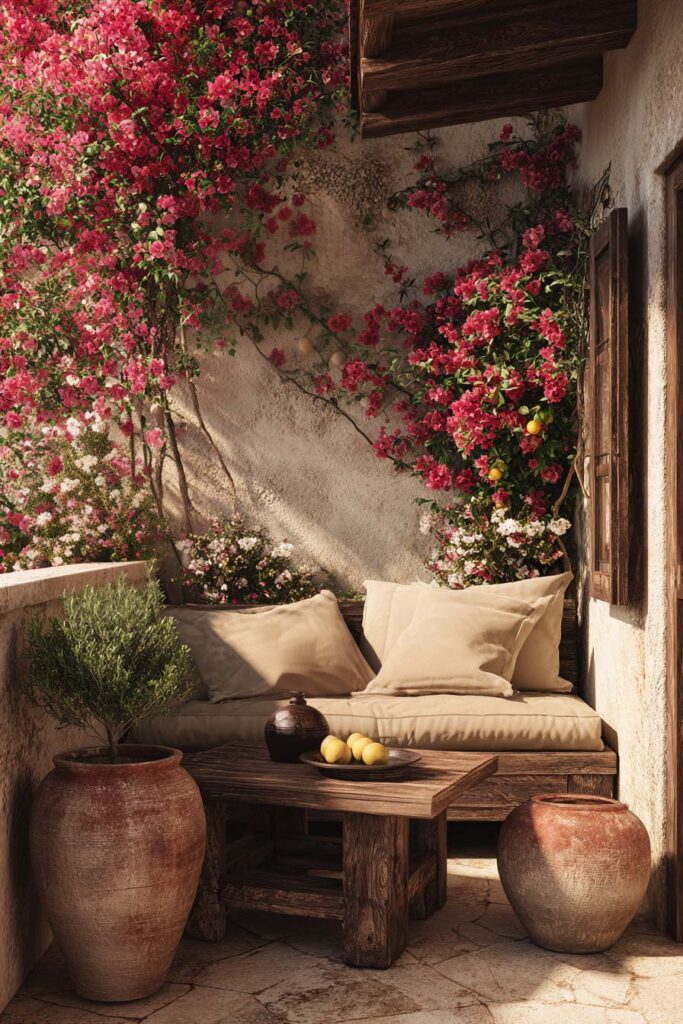 Small Mediterranean balcony with olive tree, flowering bougainvillea vines, terracotta pots, rustic wood furniture, built-in seating, and lush Mediterranean plants.
