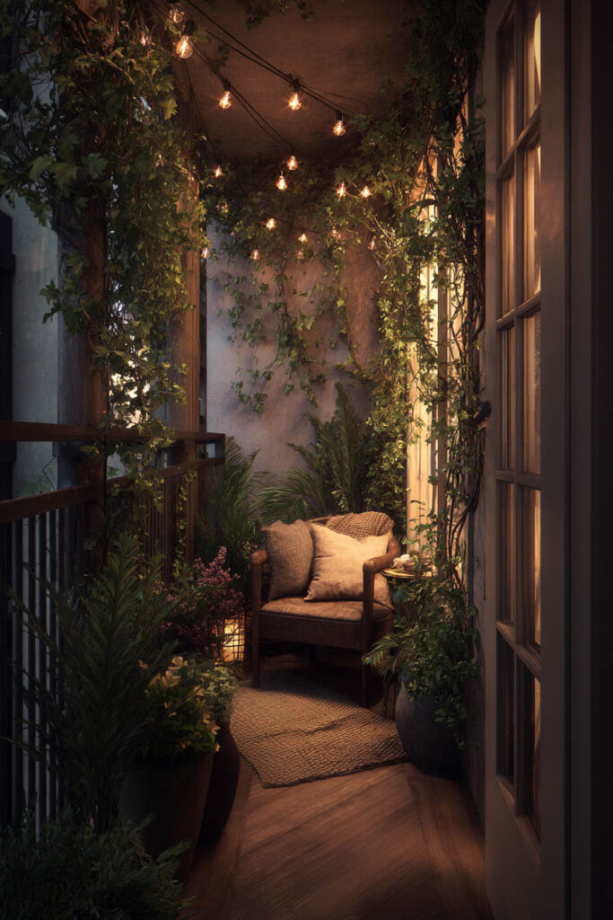 Small romantic balcony with climbing vines, string lights, cozy chair, potted plants, and warm lighting creating a private hidden retreat.