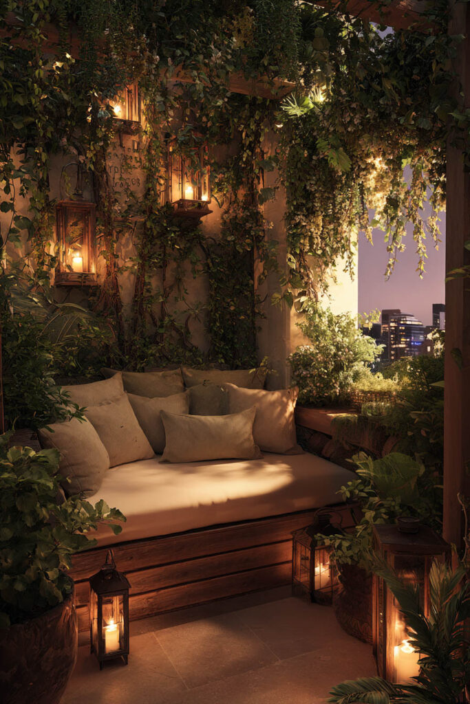 Hidden garden balcony with cascading plants, lanterns, cozy outdoor daybed, lush greenery, and warm lighting creating a romantic private retreat.