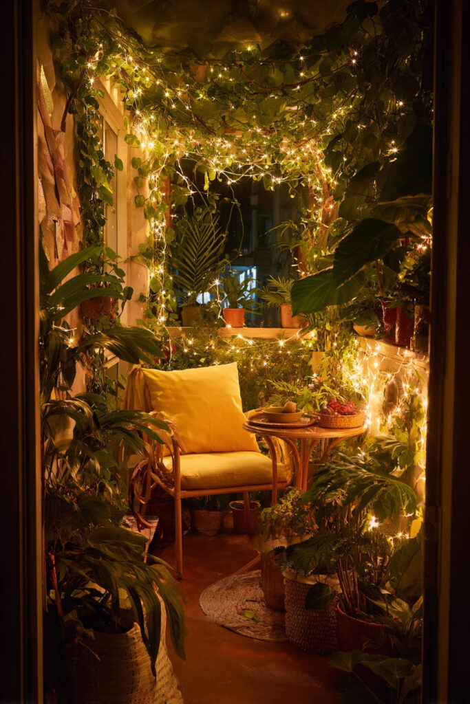 Lush balcony garden with fairy lights wrapped around plants and vines creating a magical outdoor retreat at night.