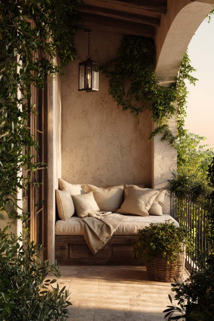 Mediterranean balcony with hanging lantern, built-in wood bench, linen cushions, climbing vines, and lush greenery creating a cozy outdoor retreat.