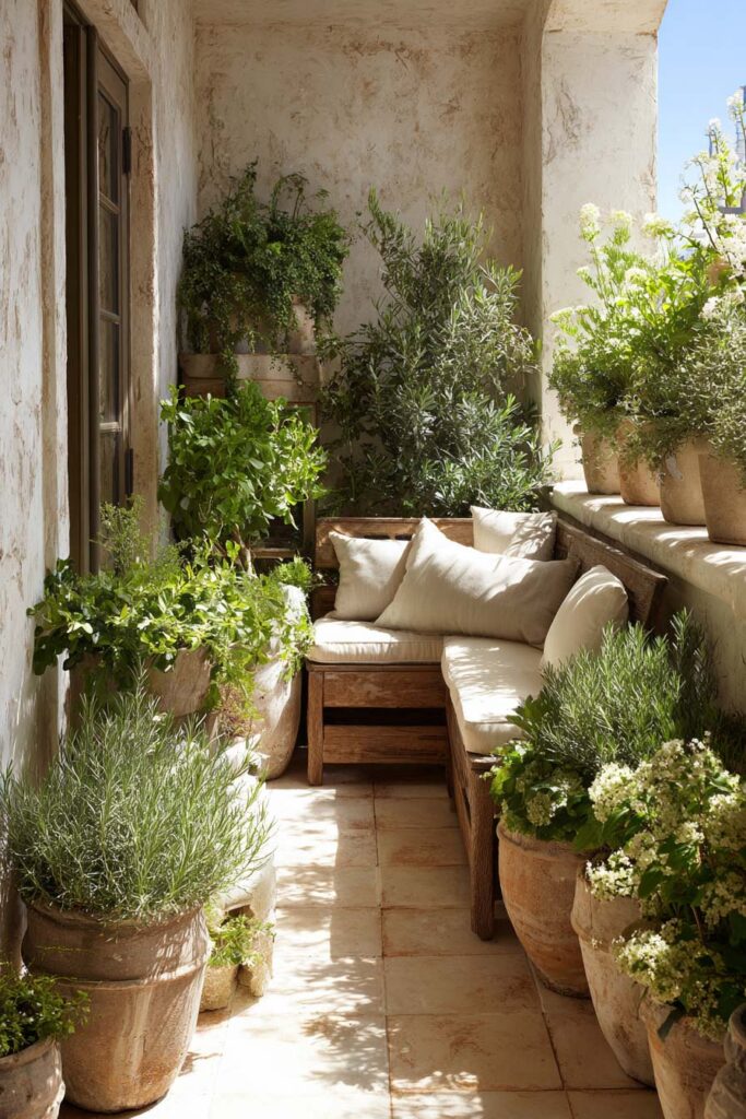 Mediterranean balcony with lavender, rosemary, oregano, olive trees, terracotta pots, and cozy seating creating a resort-inspired herb garden retreat.