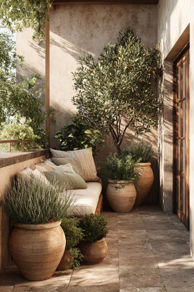 Mediterranean balcony with potted olive tree, lavender plants, terracotta pots, and cozy built-in seating surrounded by warm stone and stucco textures.