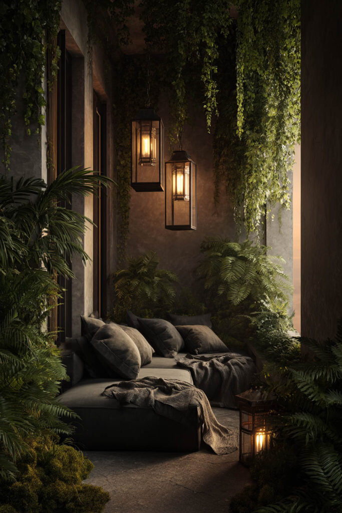 Moody balcony retreat with hanging lanterns, cascading vines, lush greenery, deep lounge seating, and warm ambient lighting.