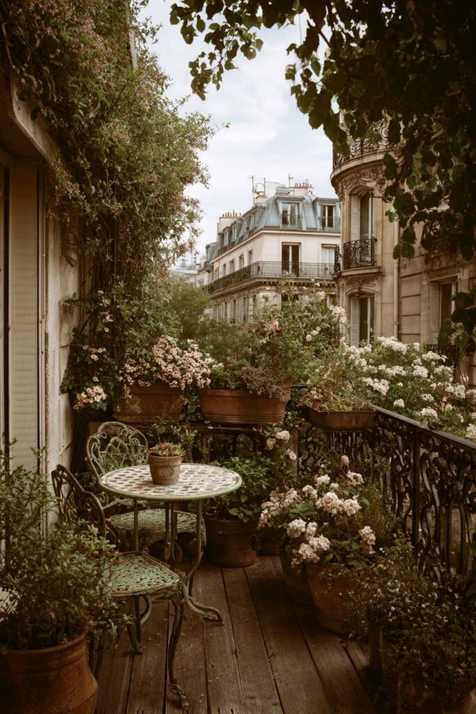 Paris balcony with overflowing flower boxes, terracotta planters, climbing vines, vintage café furniture, and abundant flowers creating a hidden garden overlooking historic city buildings.