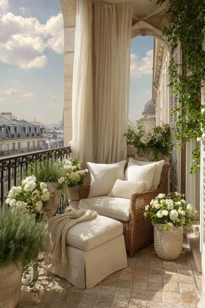 Parisian balcony with linen curtains, woven lounge chair, white flowers, neutral cushions, and cozy outdoor seating.