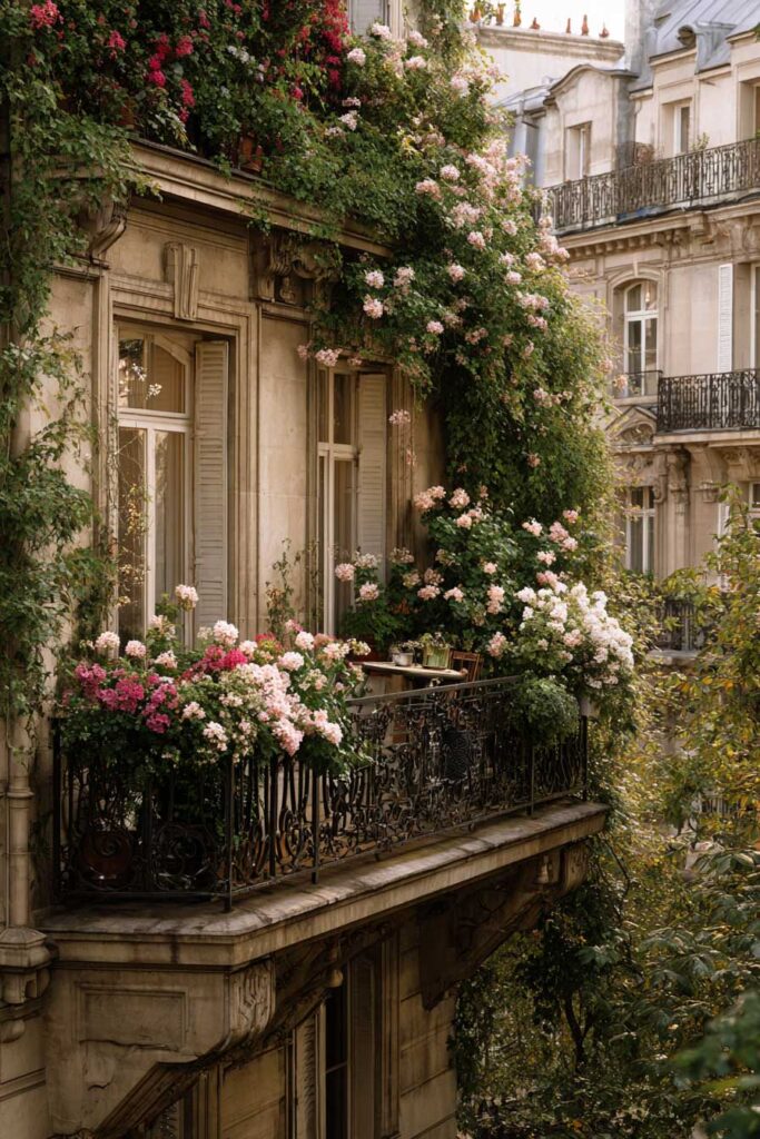 Parisian balcony with overflowing flower boxes, climbing roses, wrought iron railings, and romantic French apartment architecture