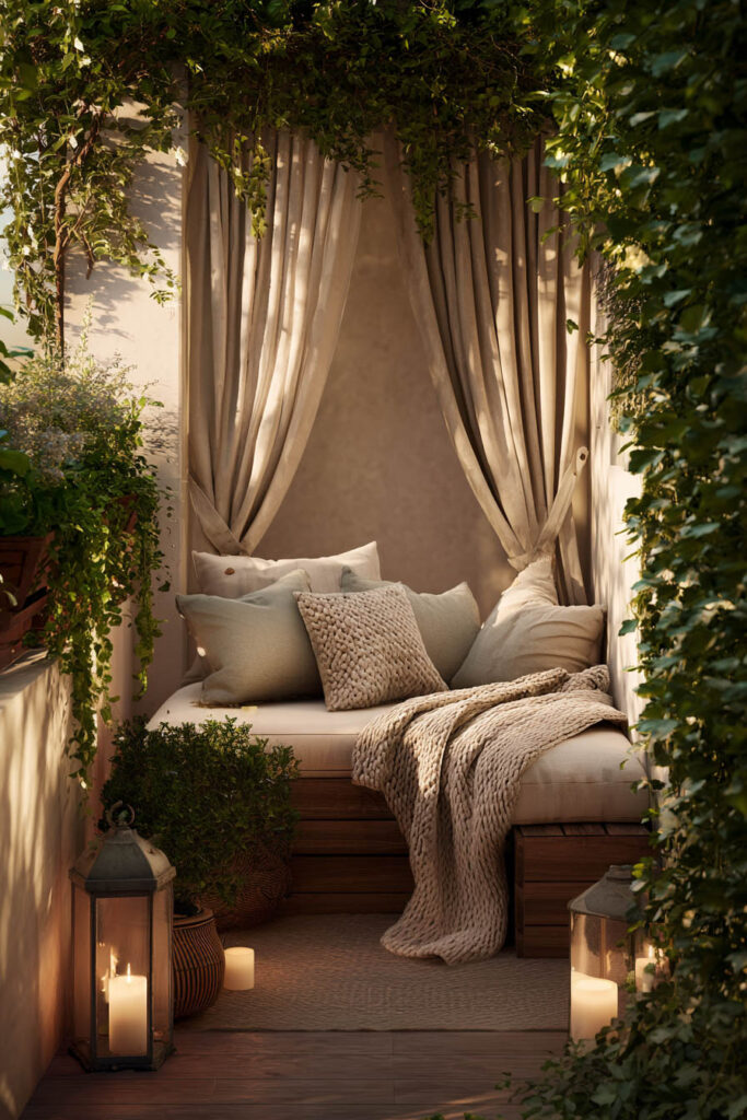 Private romantic balcony with outdoor curtains, lush greenery, cozy built-in bench seating, candle lanterns, and soft neutral decor