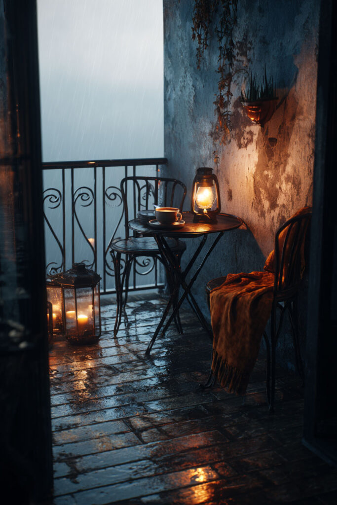 Rainy apartment balcony with café table, lantern lighting, wet reflective flooring, cozy seating, and warm evening ambiance.