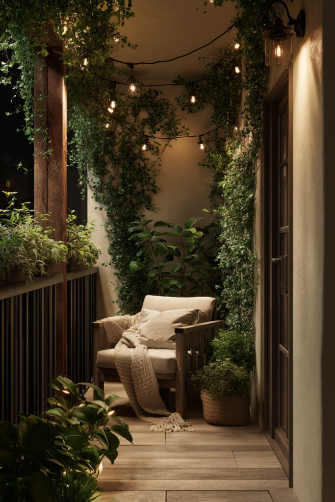 Romantic balcony with layered plants, climbing vines, cozy chair, and warm string lights creating a private garden-inspired retreat.