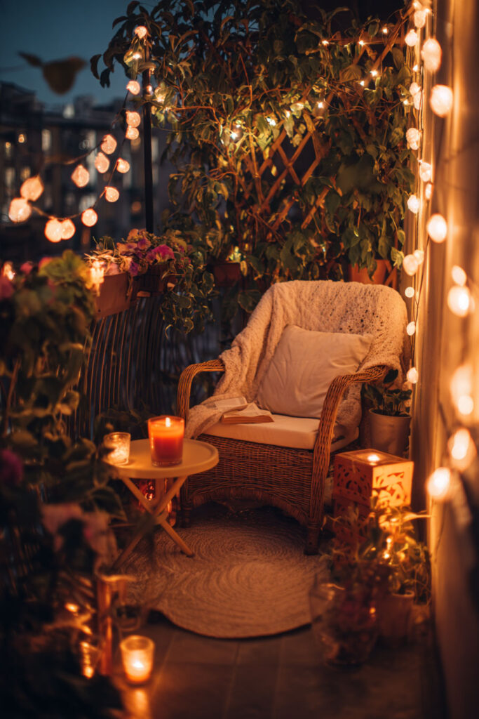 Romantic balcony with warm string lights, wicker chair, candles, lantern decor, flowering plants, and cozy seating creating an inviting nighttime retreat.