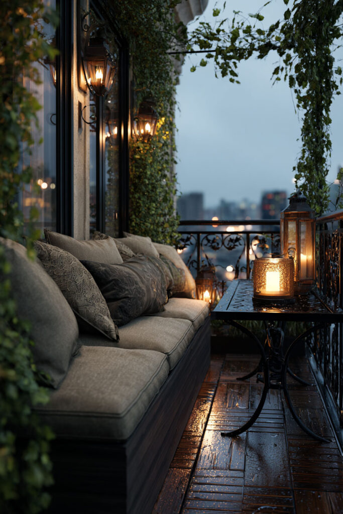 Romantic rainy balcony with cozy sofa, candle lanterns, climbing greenery, wet wood flooring, and warm evening lighting