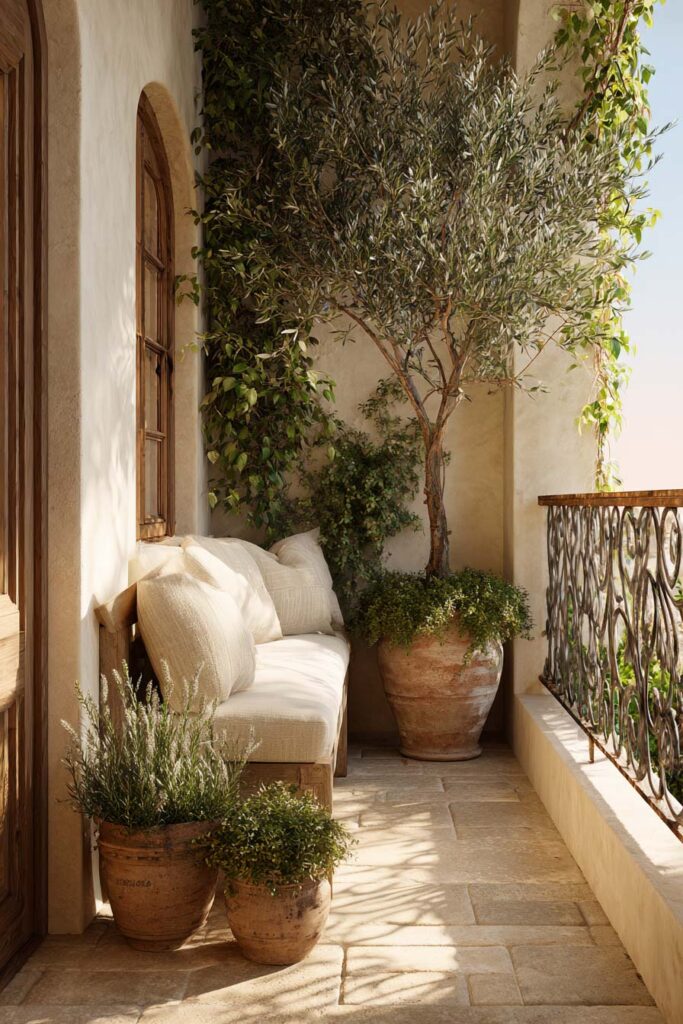 Small Mediterranean balcony with potted olive tree, terracotta planters, neutral outdoor bench, climbing vines, wrought iron railing, and warm stone flooring.