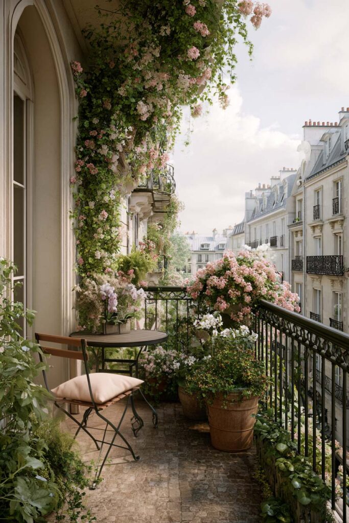 French balcony with overflowing pink flowers, climbing roses, wrought iron railing, café table, and romantic Parisian city view
