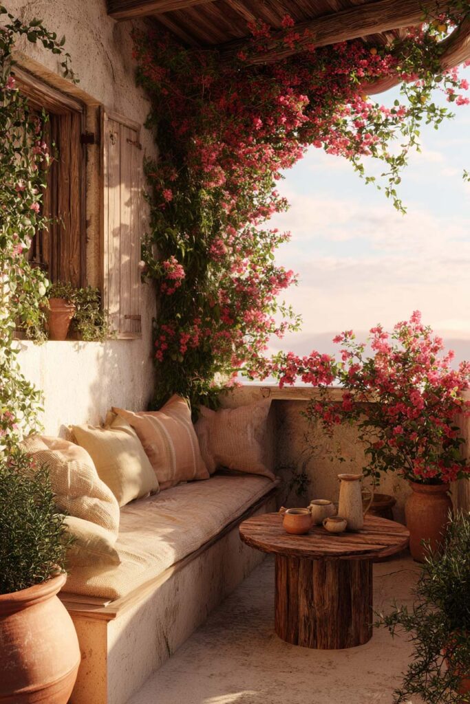 Mediterranean balcony with flowering bougainvillea vines, terracotta pots, cozy built-in seating, and rustic wood furniture creating a resort-style outdoor retreat.