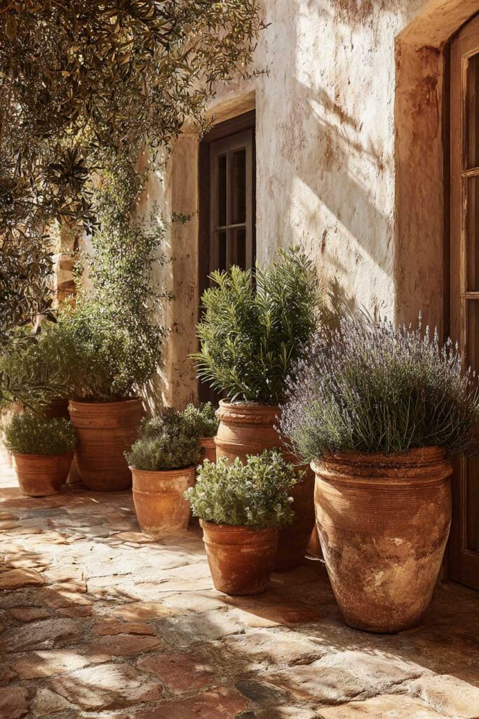 Mediterranean balcony with lavender, rosemary, thyme, terracotta pots, stone flooring, and layered herb garden creating a resort-like outdoor retreat.
