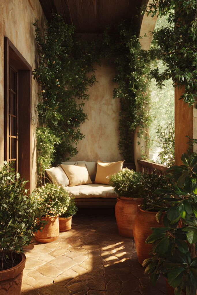 Mediterranean balcony with built-in daybed, terracotta planters, climbing vines, lush greenery, and warm sunlight creating a private outdoor retreat.