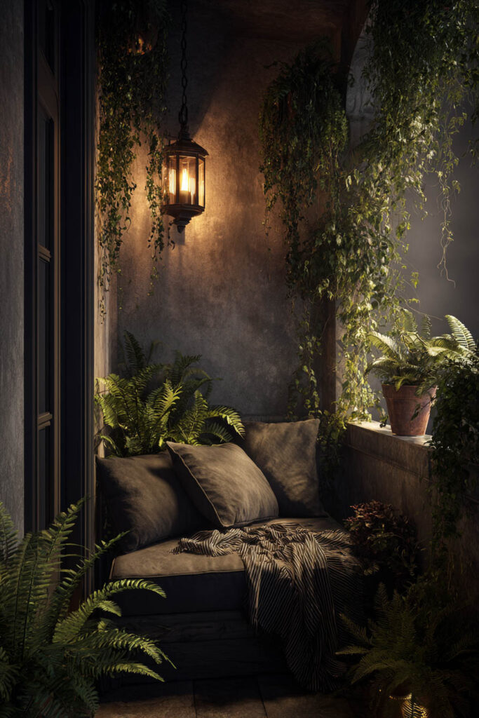 Moody balcony nook with lantern lighting, cascading vines, lush ferns, cozy cushions, and warm evening ambiance.