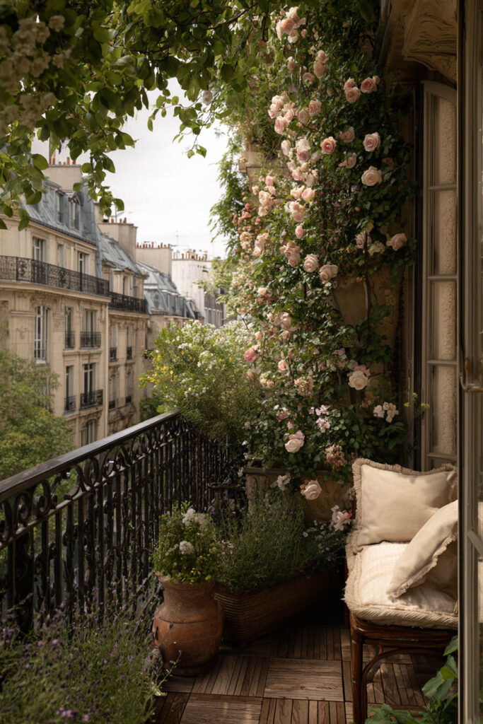 Paris balcony with climbing blush roses, overflowing flower boxes, wrought iron railing, cozy cushioned seating, terracotta planters, and lush hidden garden styling overlooking historic buildings.
