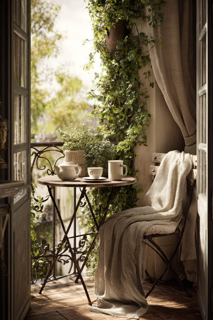 Parisian balcony coffee corner with bistro table, linen throw, climbing vines, French doors, and cozy outdoor seating.
