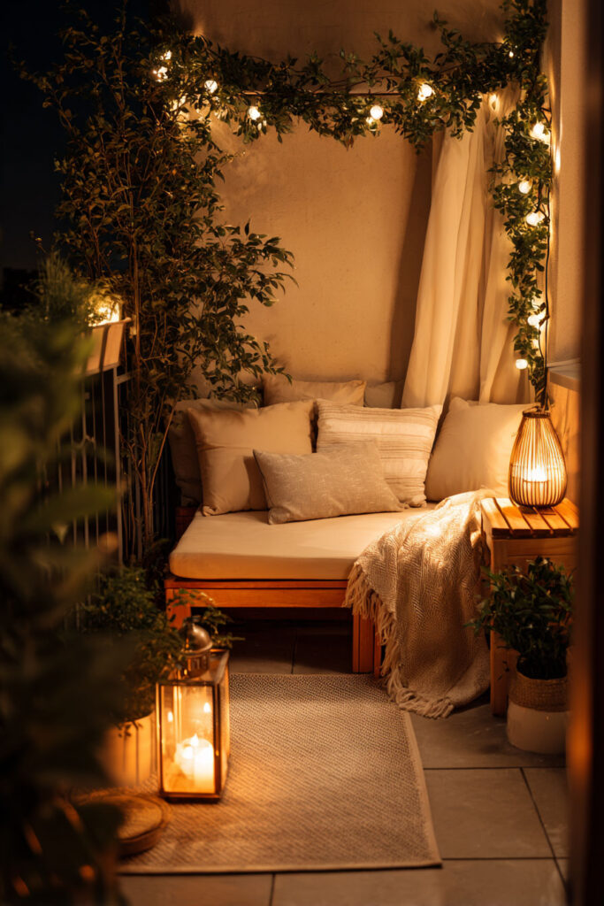 Romantic balcony daybed with string lights, lanterns, soft cushions, cozy throw blanket, climbing vines, and warm ambient lighting at night.
