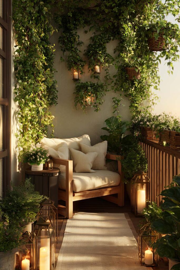 Romantic balcony with climbing vines, hanging planters, lanterns, cozy outdoor chair, and layered greenery creating a private hidden retreat.