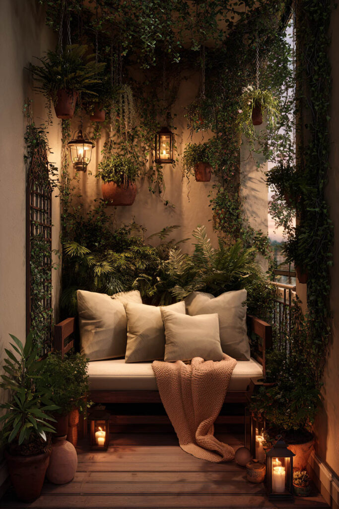 Romantic balcony with hanging plants, trailing vines, lanterns, candlelight, and cozy seating creating a private garden retreat.