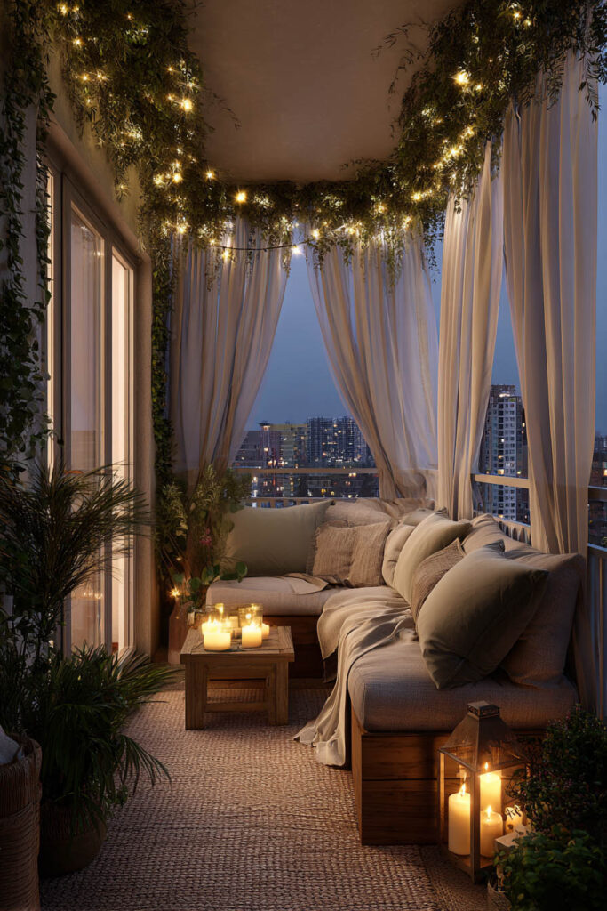 Romantic private balcony with flowing curtains, string lights, cozy lounge seating, candle lanterns, and lush greenery overlooking the city at night